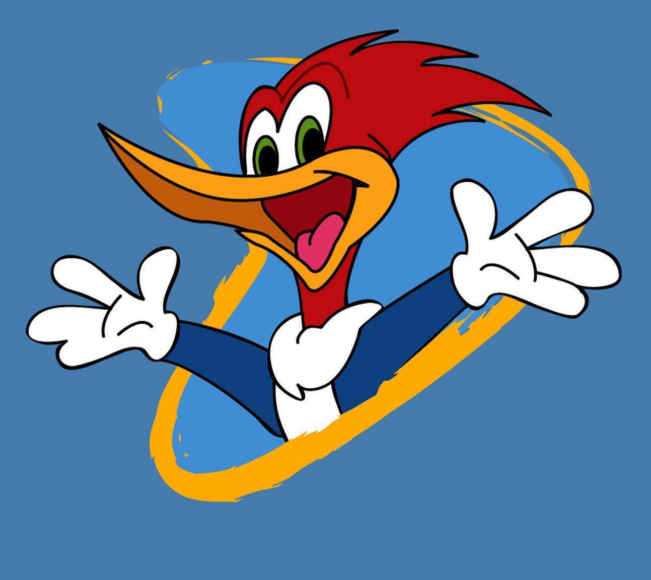 Woody Woodpecker 桌布 壁紙 — 啄木鳥角色 Woody 頭頂紅色冠羽，身穿藍色西裝，在藍色背景前愉快地揮手。