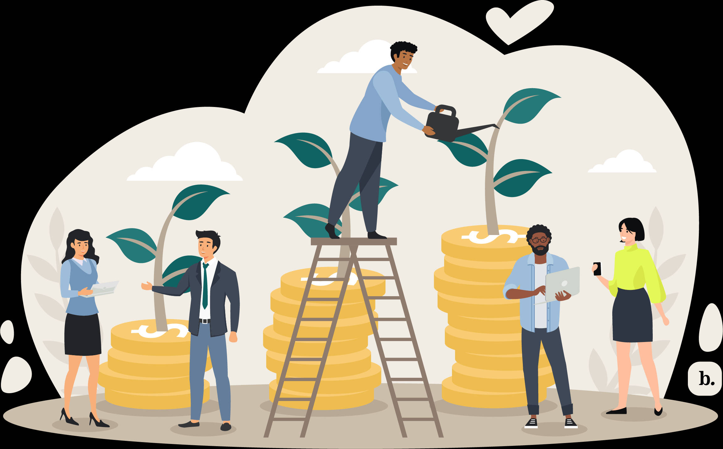 Leadership 桌布 壁紙 — 商務人士在硬幣堆上培育成長中的搖錢樹，以風格化插圖呈現。