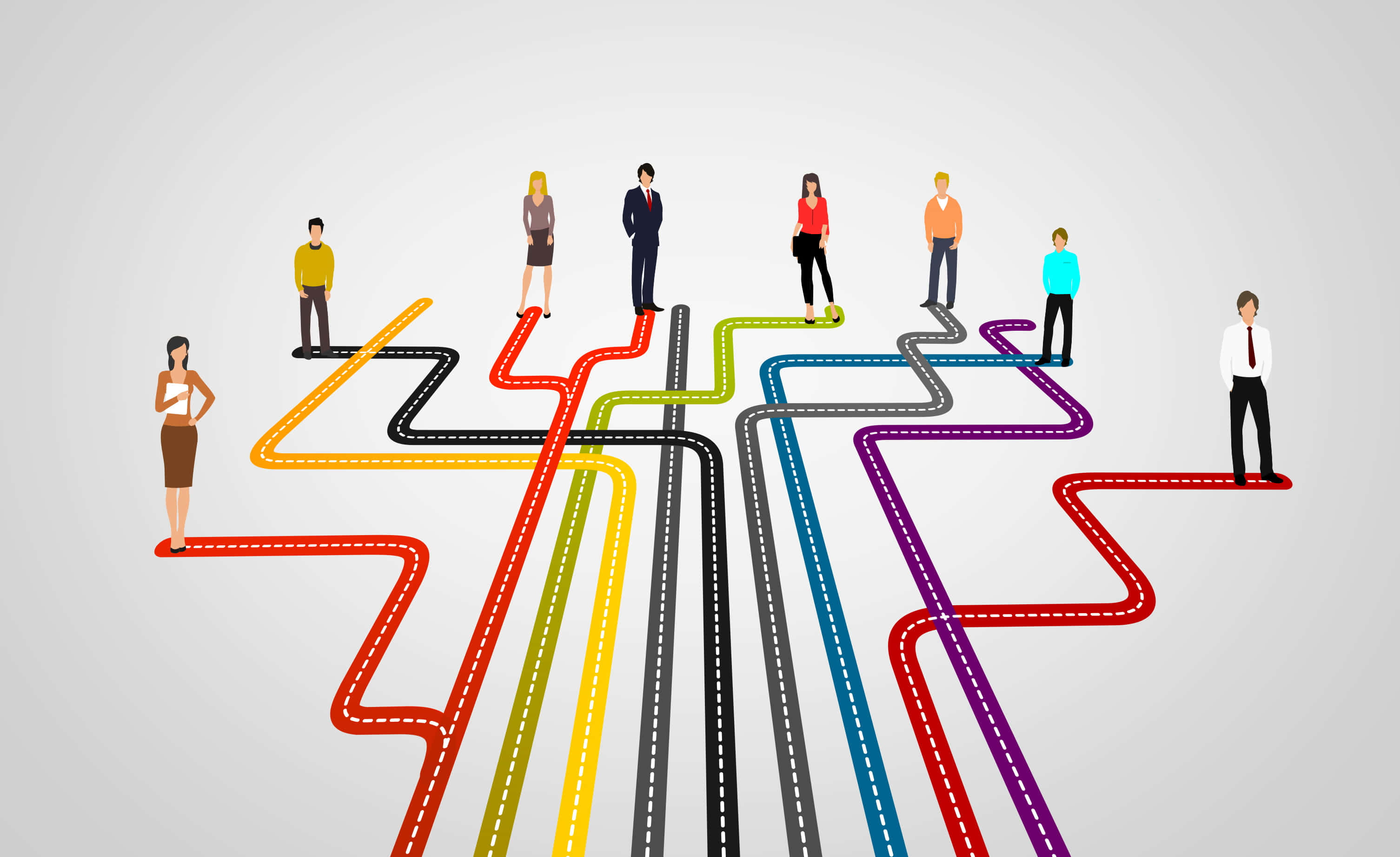 Teamwork 桌布 壁紙 — 商務人士站在色彩繽紛的分岔路上，象徵職業道路與選擇。