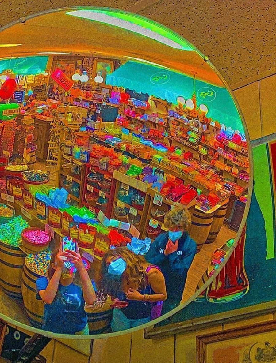 商店裡的鏡子，鏡中有人 壁紙