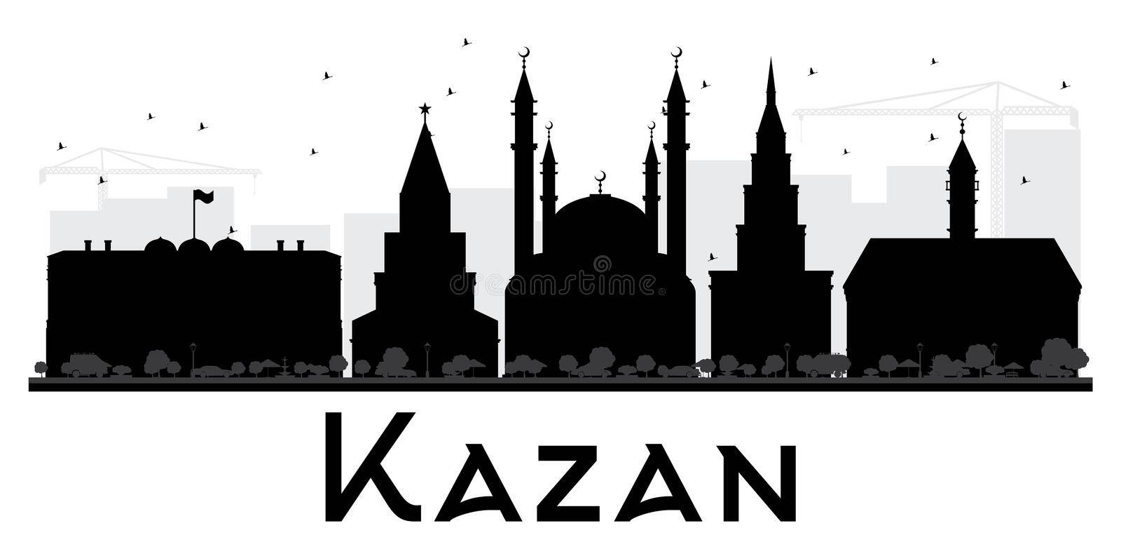Kazan 桌布 壁紙 — 喀山天際線的黑色剪影，包含清真寺、宣禮塔和起重機，背景為白色，有鳥兒飛翔。