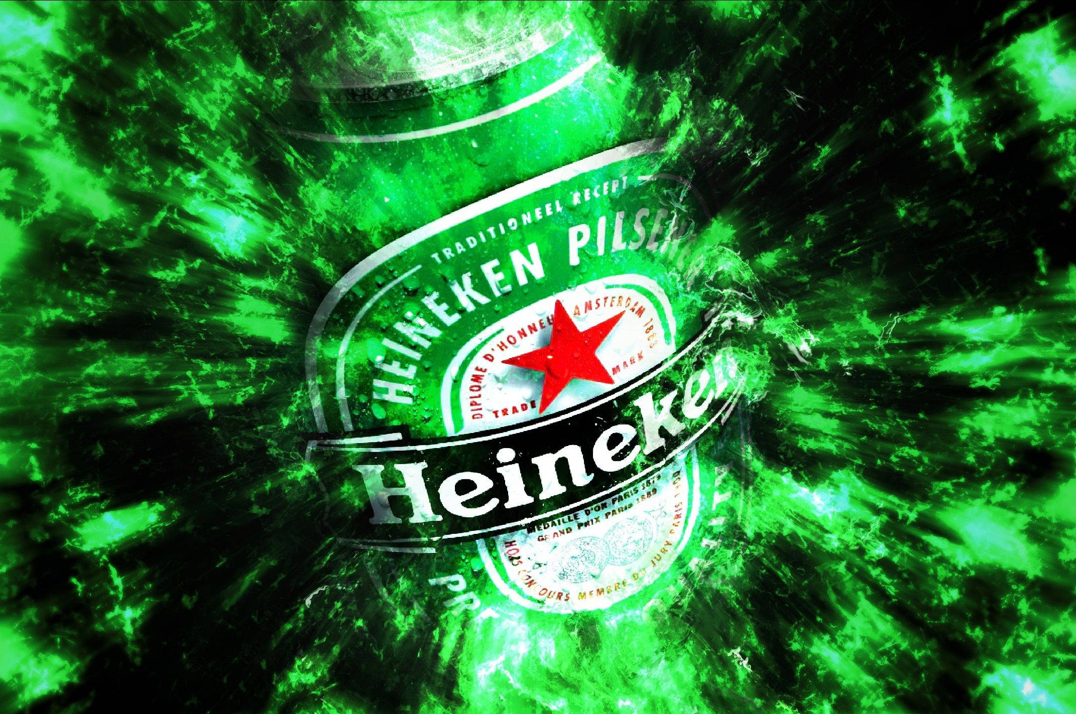 Drink 桌布 壁紙 — 喜力啤酒瓶標籤居中於一個帶有紅色星星的電光綠色能量漩渦中。