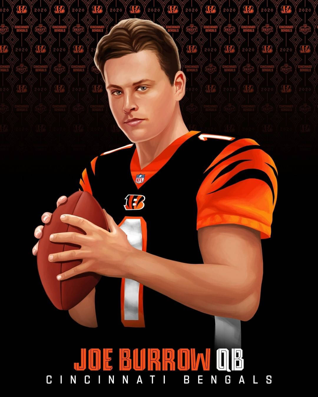 Joe Burrow 桌布 壁紙 — 喬·伯羅身穿辛辛那提猛虎隊球衣，在圖案背景前手持美式足球的肖像。