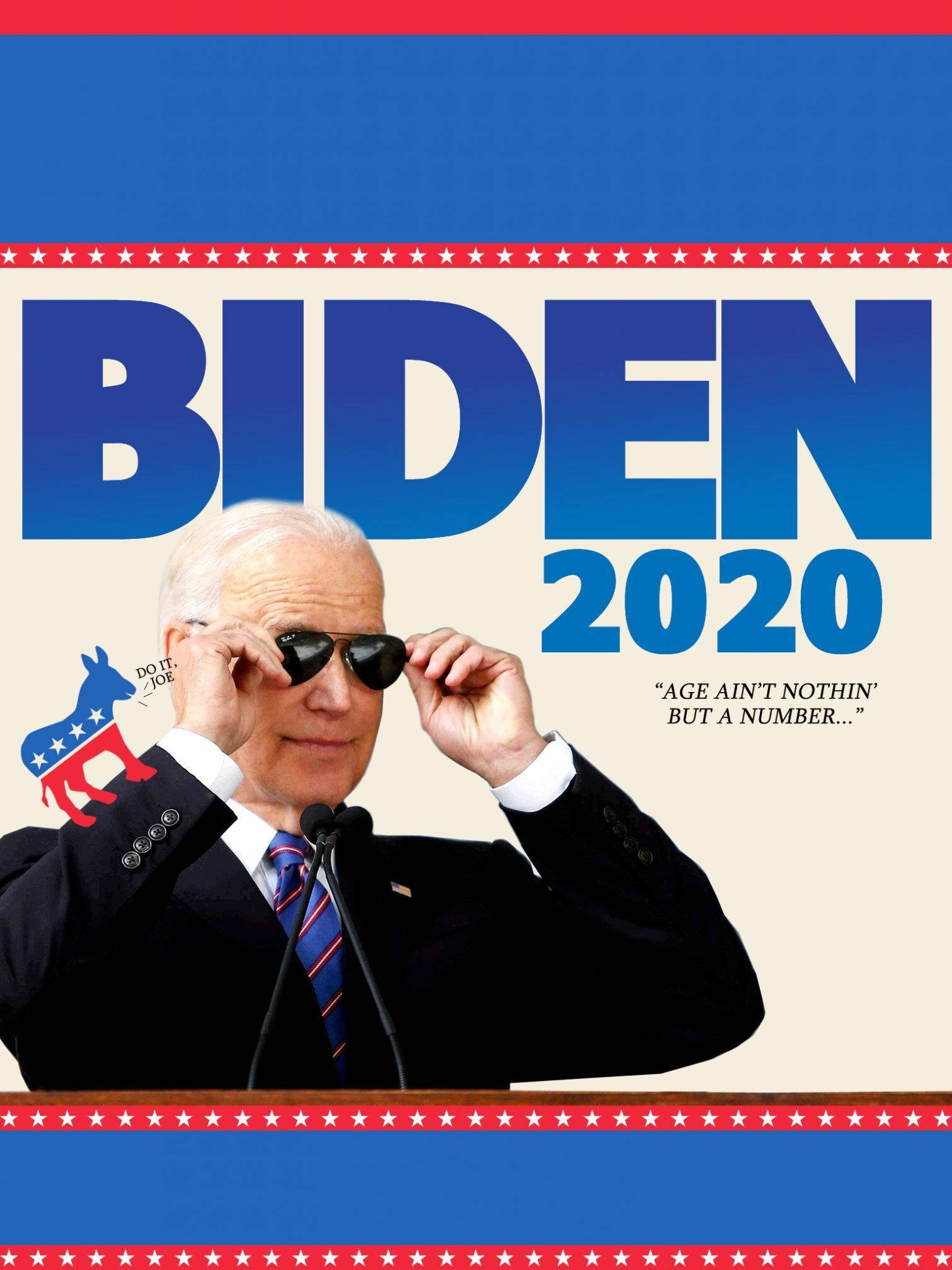Biden 桌布 壁紙 — 喬·拜登戴著太陽眼鏡，在一個帶有「BIDEN 2020」和驢子標誌的講台上調整眼鏡，背景是愛國紅白藍條紋。