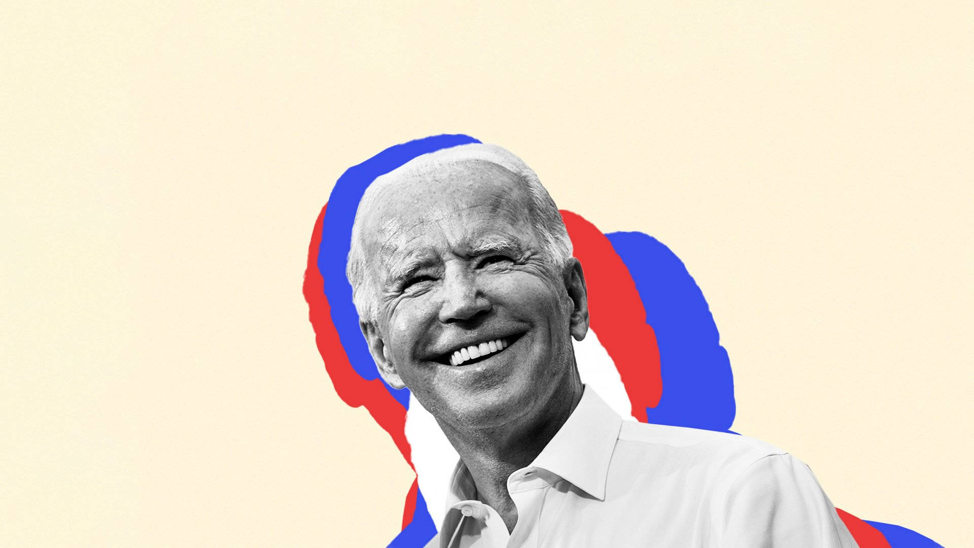 Biden 桌布 壁紙 — 喬·拜登的歡樂黑白肖像，背後有鮮明的紅色和藍色圖形形狀，背景為奶油色。