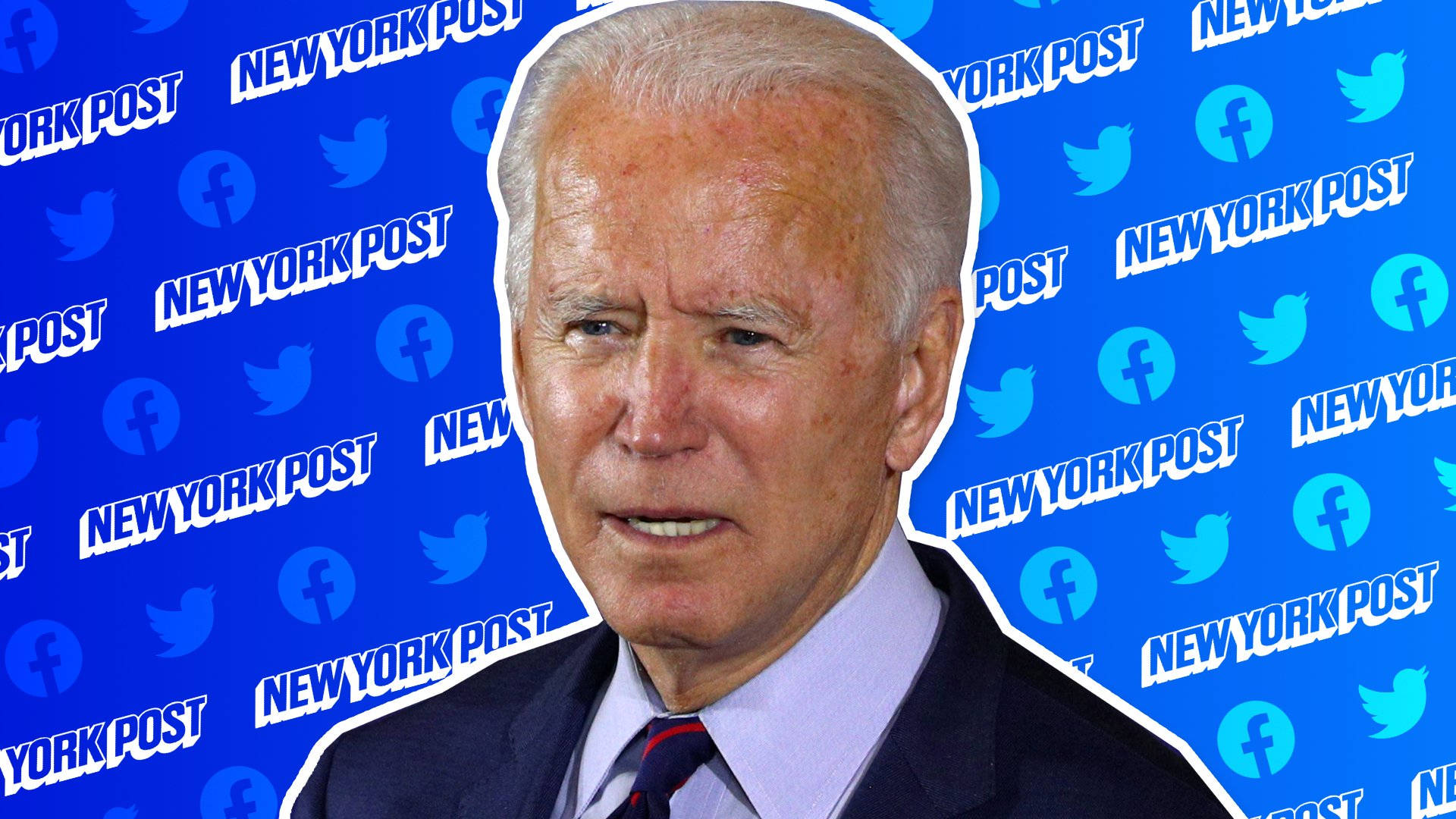 Biden 桌布 壁紙 — 喬·拜登的頭像特寫，背景為藍色，帶有紐約郵報和社交媒體標誌圖案。