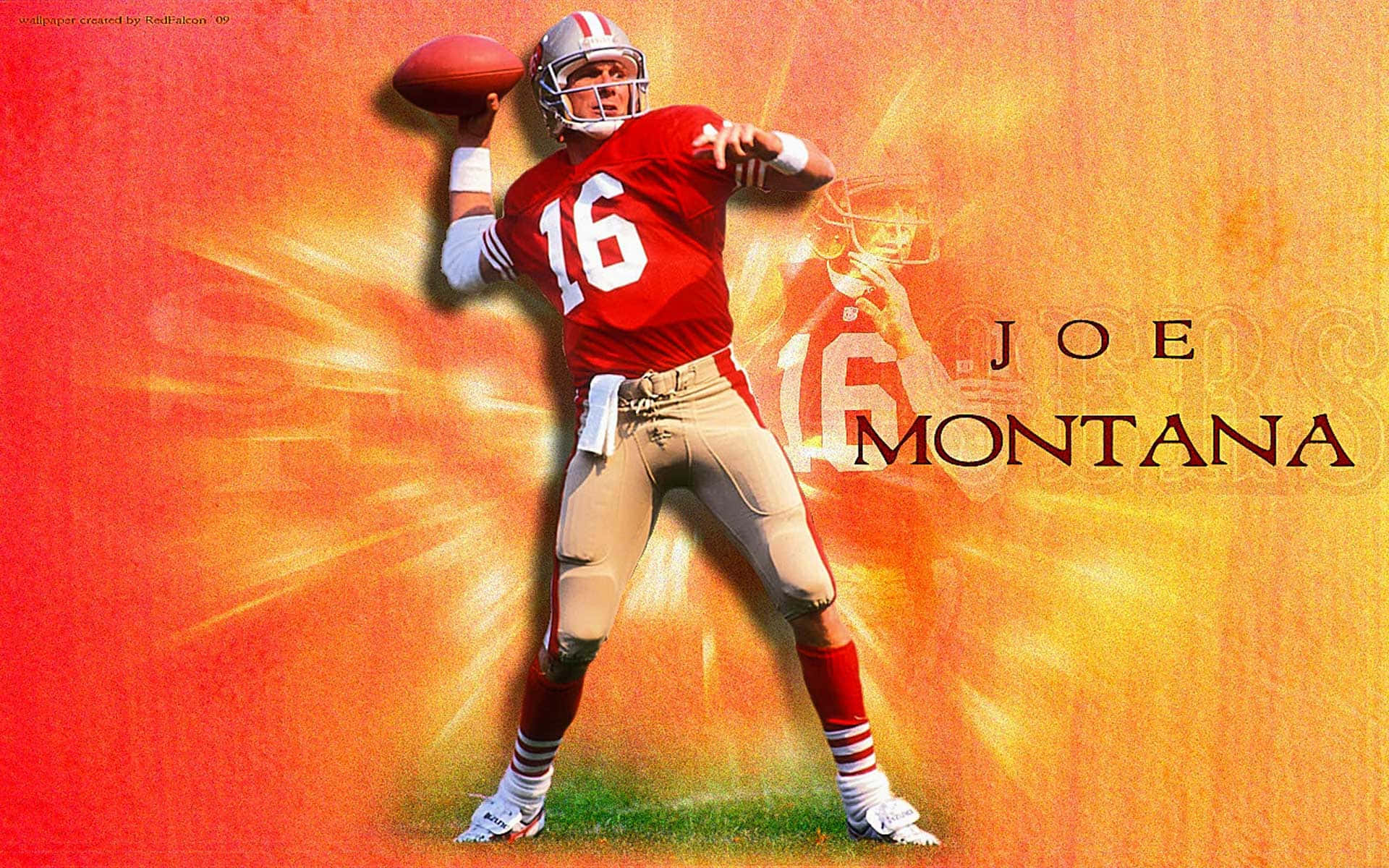 Joe Montana 桌布 壁紙 — 喬·蒙塔納身穿紅色49人隊16號球衣，準備在熾熱的橙色和黃色光芒背景下擲出橄欖球。