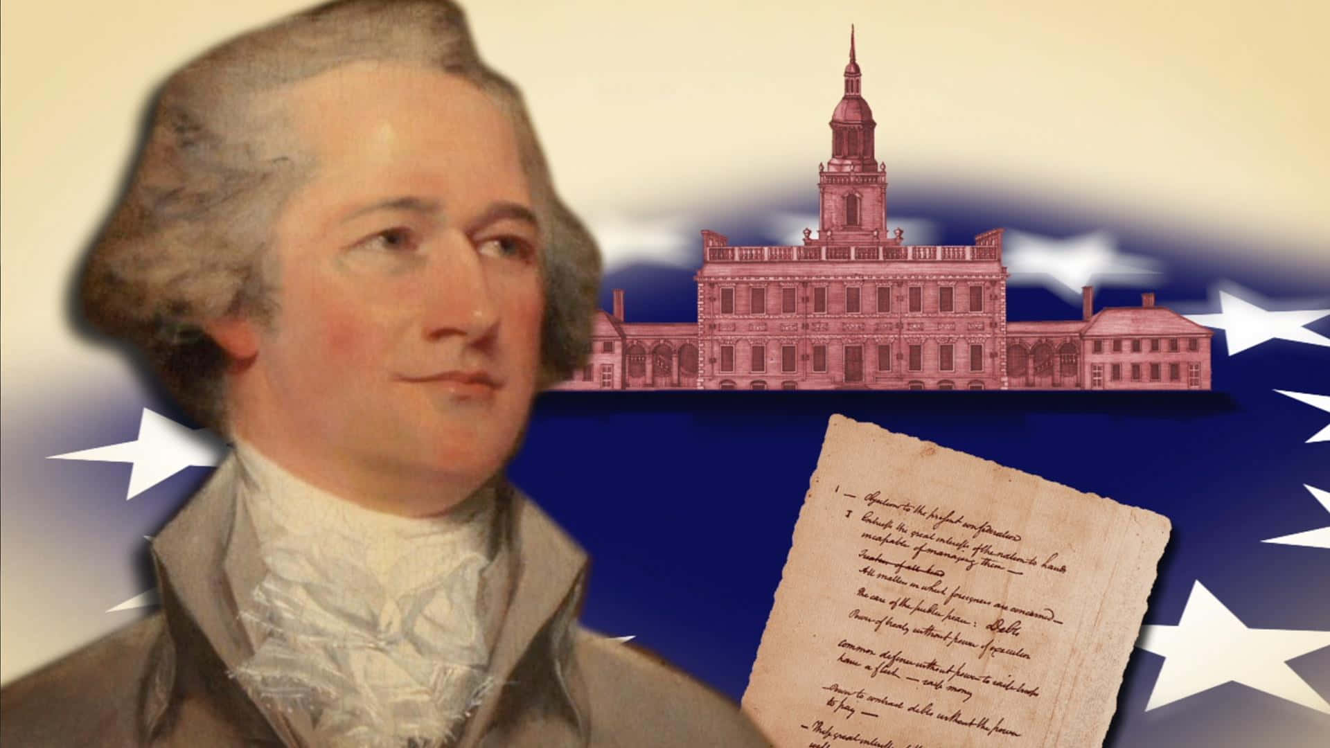 Alexander Hamilton 桌布 壁紙 — 喬治·華盛頓的肖像，旁邊是一座歷史建築和一份手寫文件，背景是星條旗。