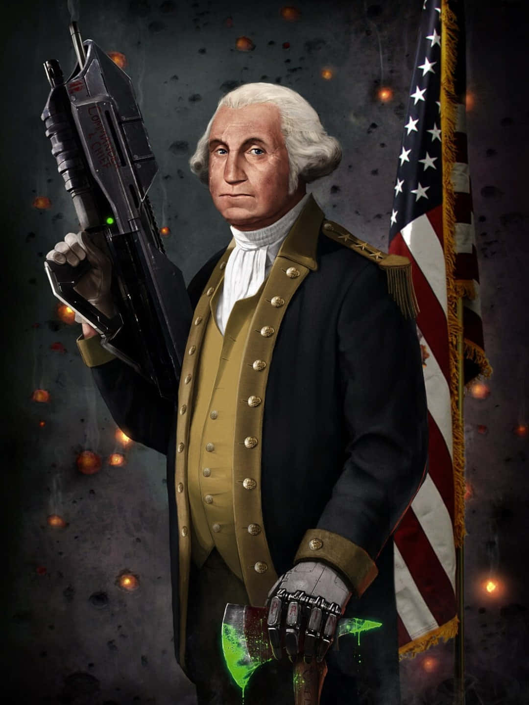 George Washington 桌布 壁紙 — 喬治·華盛頓身穿殖民制服，在美國國旗旁揮舞未來武器，背景是 gritty 科幻場景。