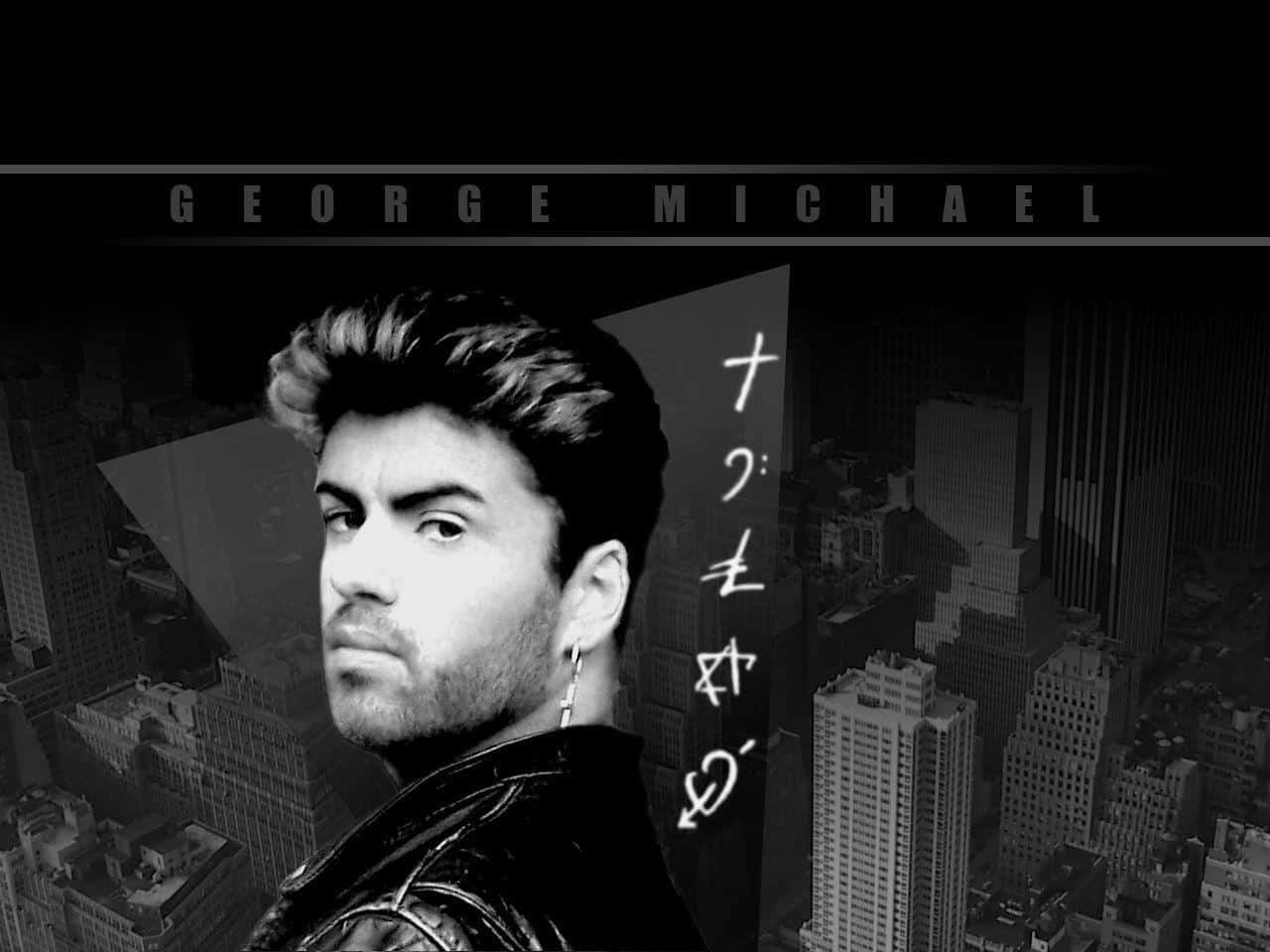 喬治·麥可穿著皮夾克，在黑白城市景觀背景下，帶有日文文字。 — Michael B Jordan 壁紙