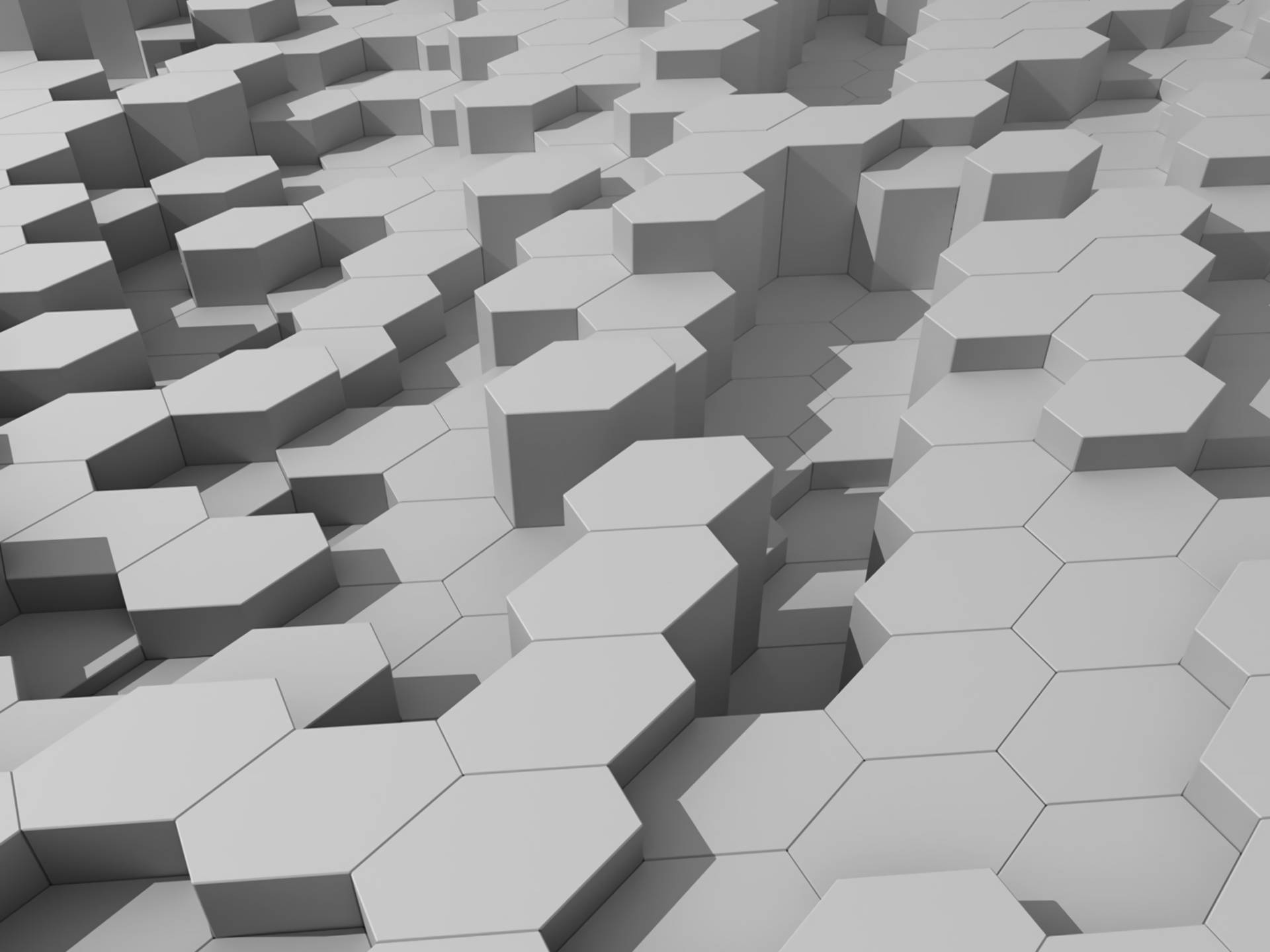 六邊形 桌布 壁紙 — 單色3D渲染景觀，由凸起和凹陷的六邊形塊組成，形成紋理幾何地形。