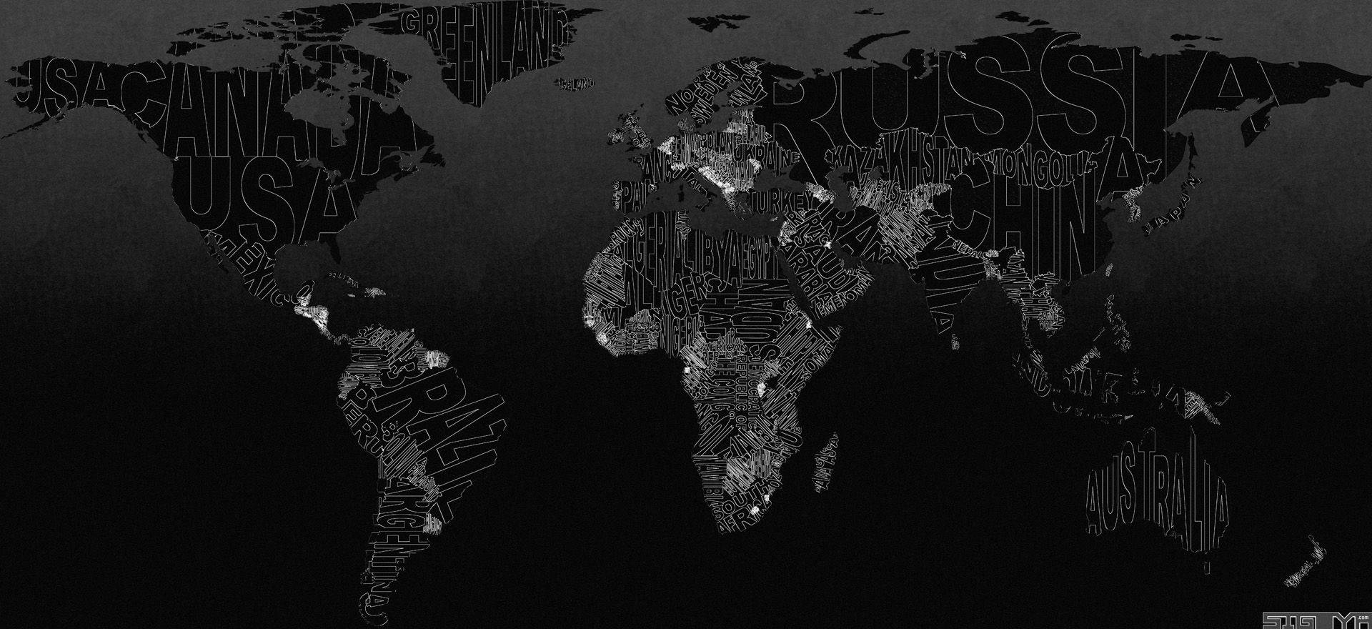 World 桌布 壁紙 — 單色世界地圖，其中大陸由不同字體大小的國家文字標籤在深色漸變背景上形成。
