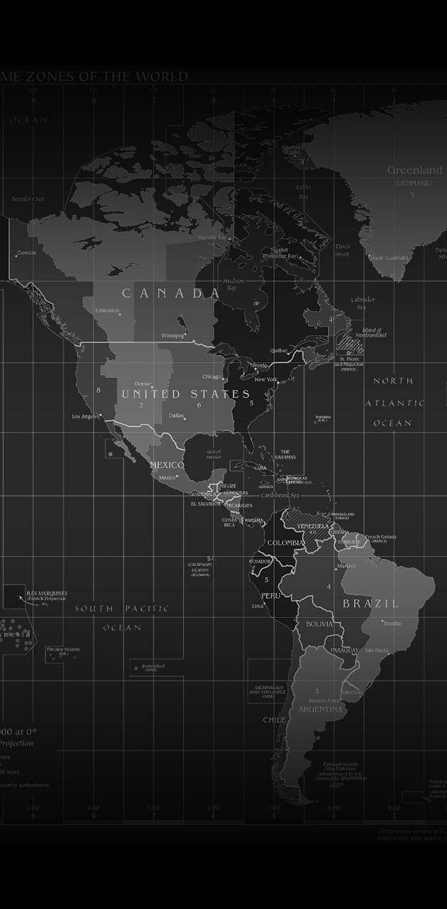 Map 桌布 壁紙 — 單色世界地圖，突出北美洲和南美洲，附有時區和海洋標籤，採用時尚的數位設計。
