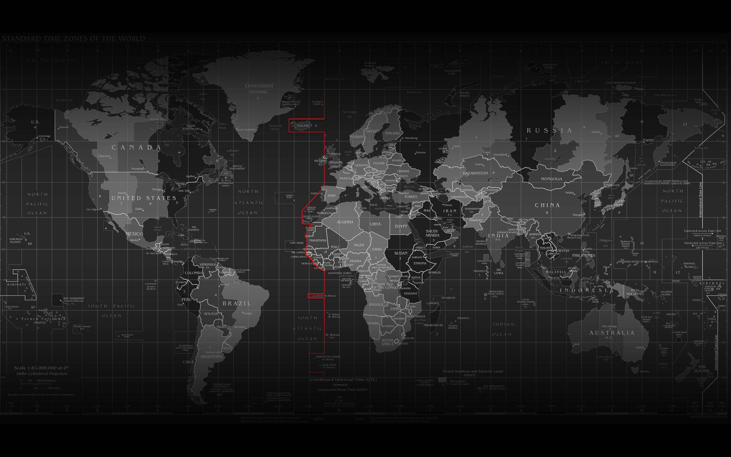 World 桌布 壁紙 — 單色世界地圖，紅色線條描繪國際換日線橫跨各大洲和海洋。