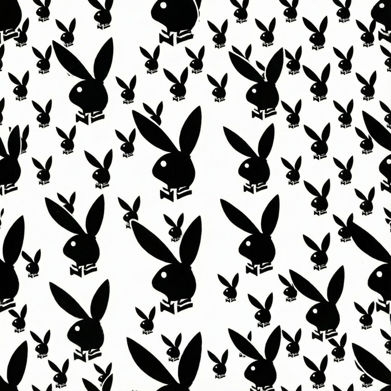單色兔子圖案 壁紙 — 純白背景上重複排列的黑色Playboy兔子剪影圖案。