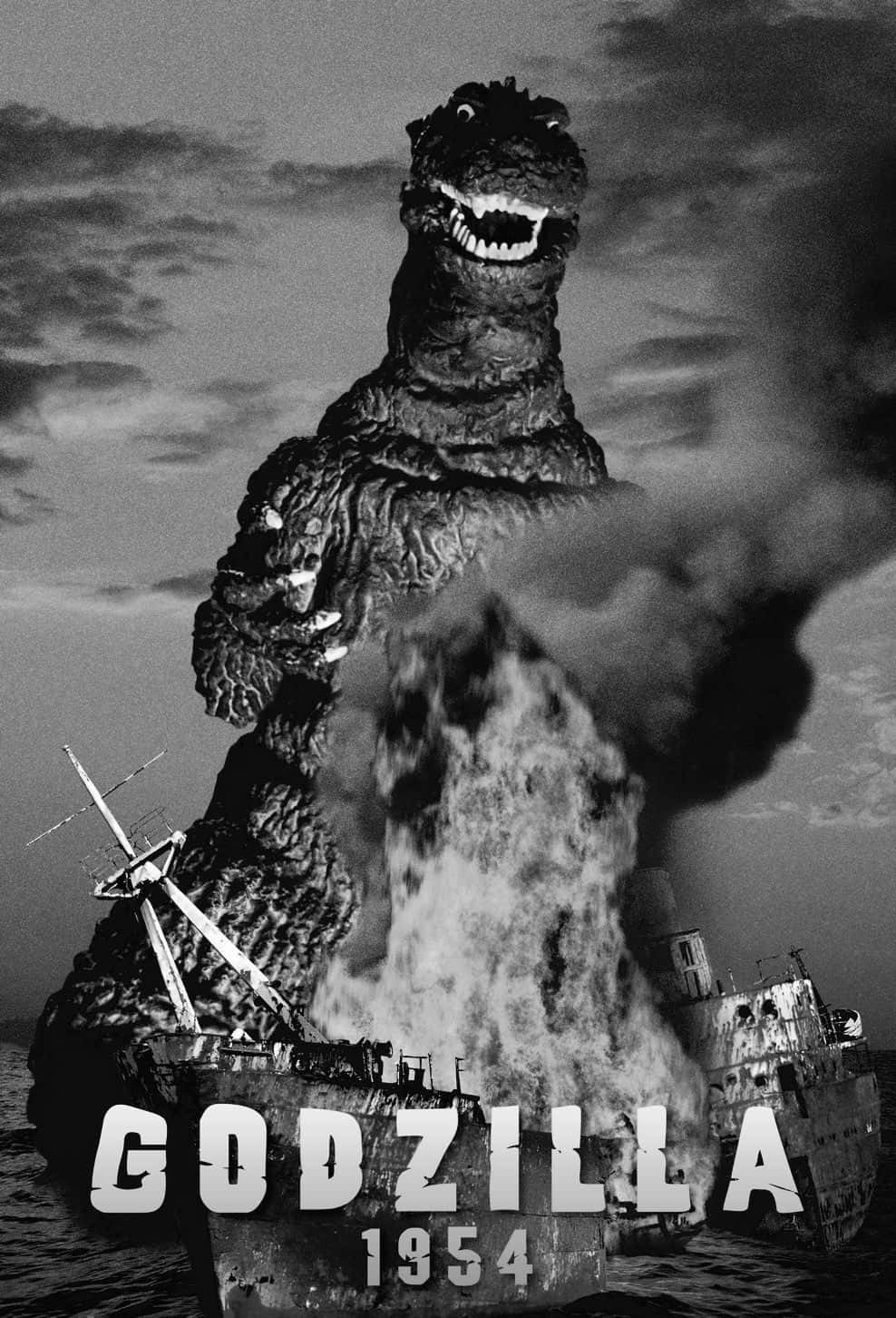 Godzilla 1954 桌布 壁紙 — 單色哥吉拉從海洋火焰中出現，壓碎船隻，1954年經典怪獸電影海報。