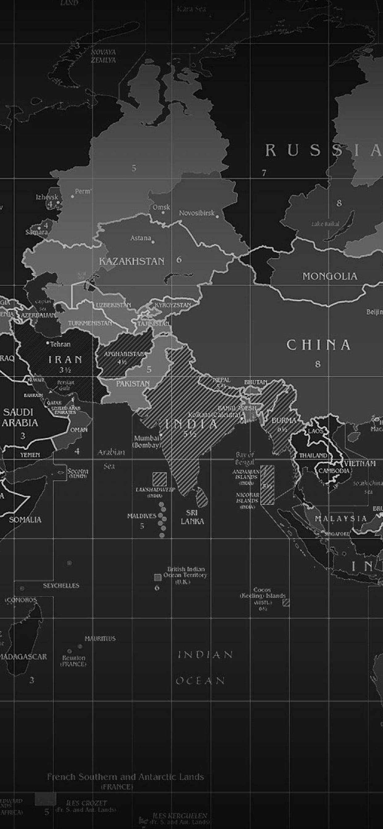 Map 桌布 壁紙 — 單色地緣政治地圖，突出顯示印度及周邊國家，帶有網格線和標籤邊界。