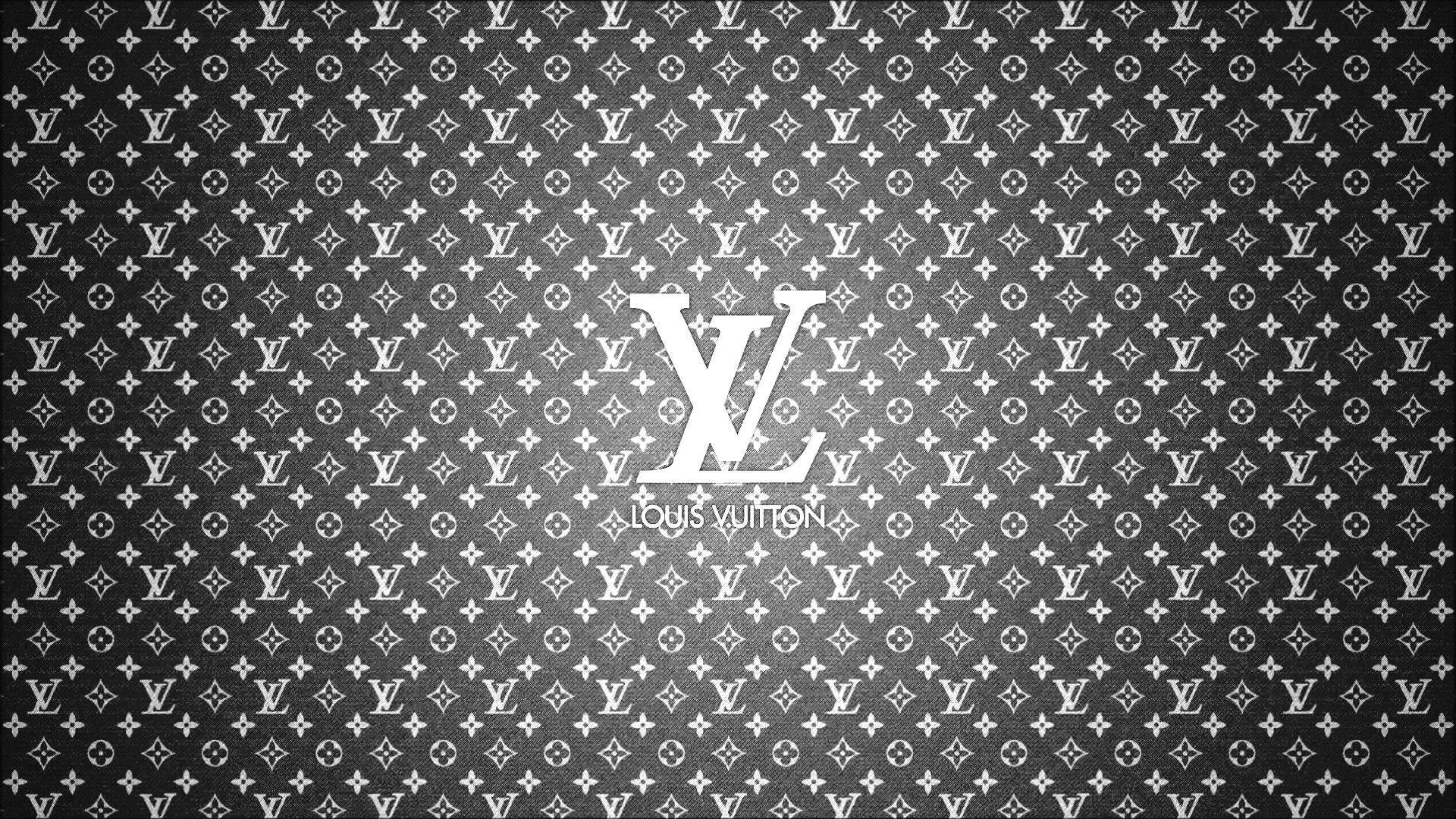 路易威登 桌布 壁紙 — 單色壁紙，帶有重複的 Louis Vuitton 字母組合圖案，中央有發光的 LV 標誌。