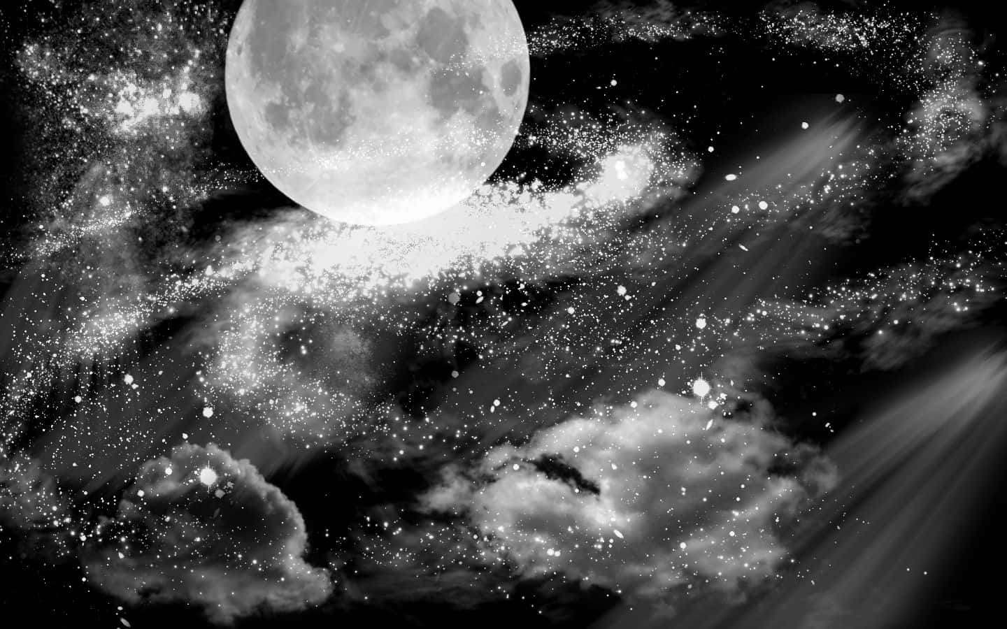 月亮與星星 桌布 壁紙 — 單色天體場景，一輪明亮的滿月在旋轉的雲層和閃爍的宇宙塵埃上方發光。