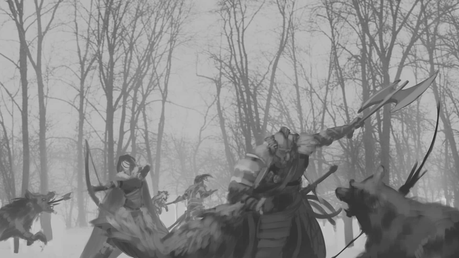 Wolf Attack 桌布 壁紙 — 單色奇幻戰士騎馬與怪獸在迷霧荒林中交戰。
