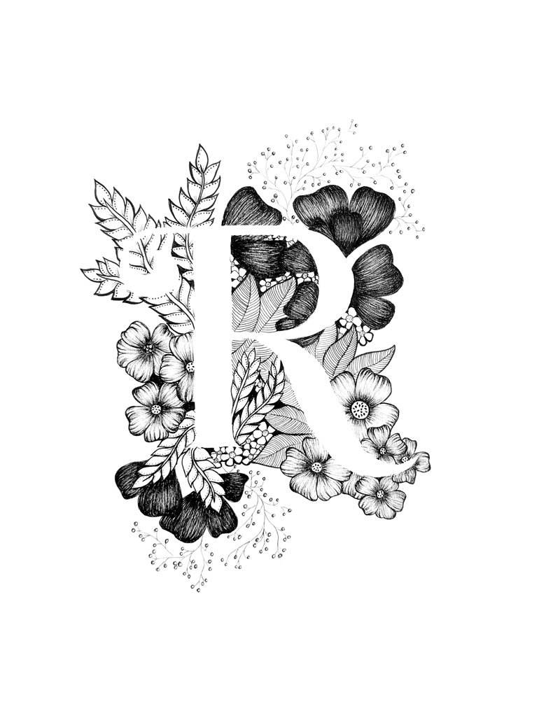 R 桌布 壁紙 — 單色字母R，飾有精緻的花卉和葉片圖案，以細緻線條藝術呈現。