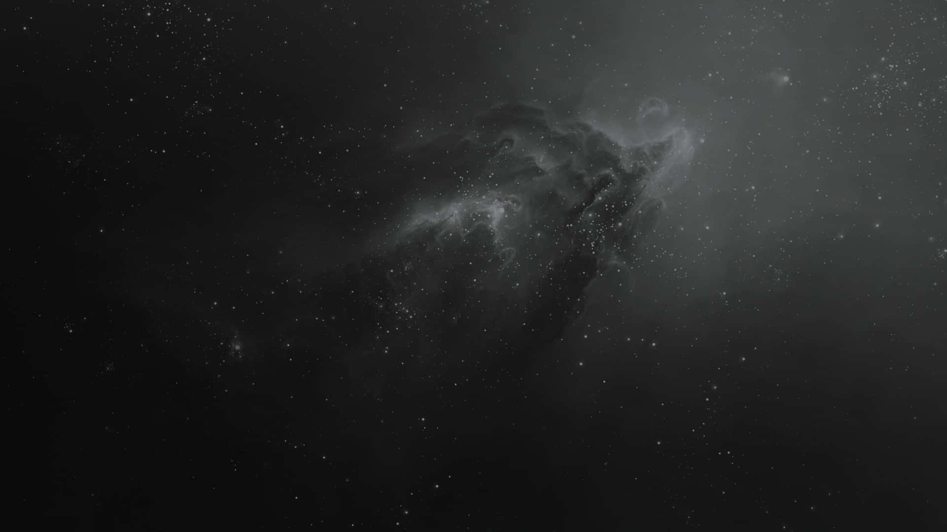 桌布 壁紙 — 單色宇宙星雲在深邃太空虛空中旋轉，帶有飄渺雲霧和散落的星星。