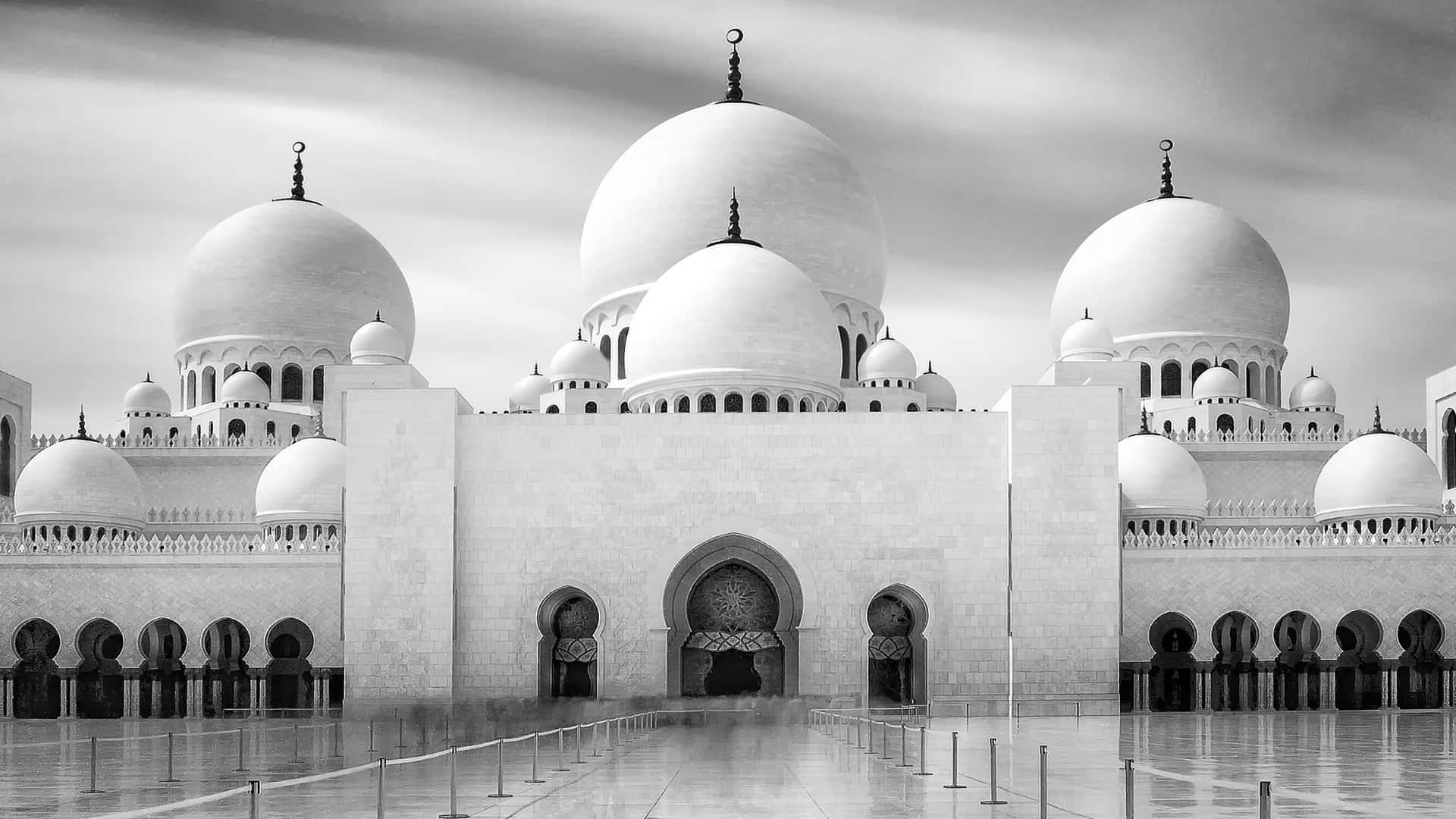 Uae 桌布 壁紙 — 單色宏偉清真寺，擁有多個圓頂和拱形入口，在戲劇性的多雲天空下。