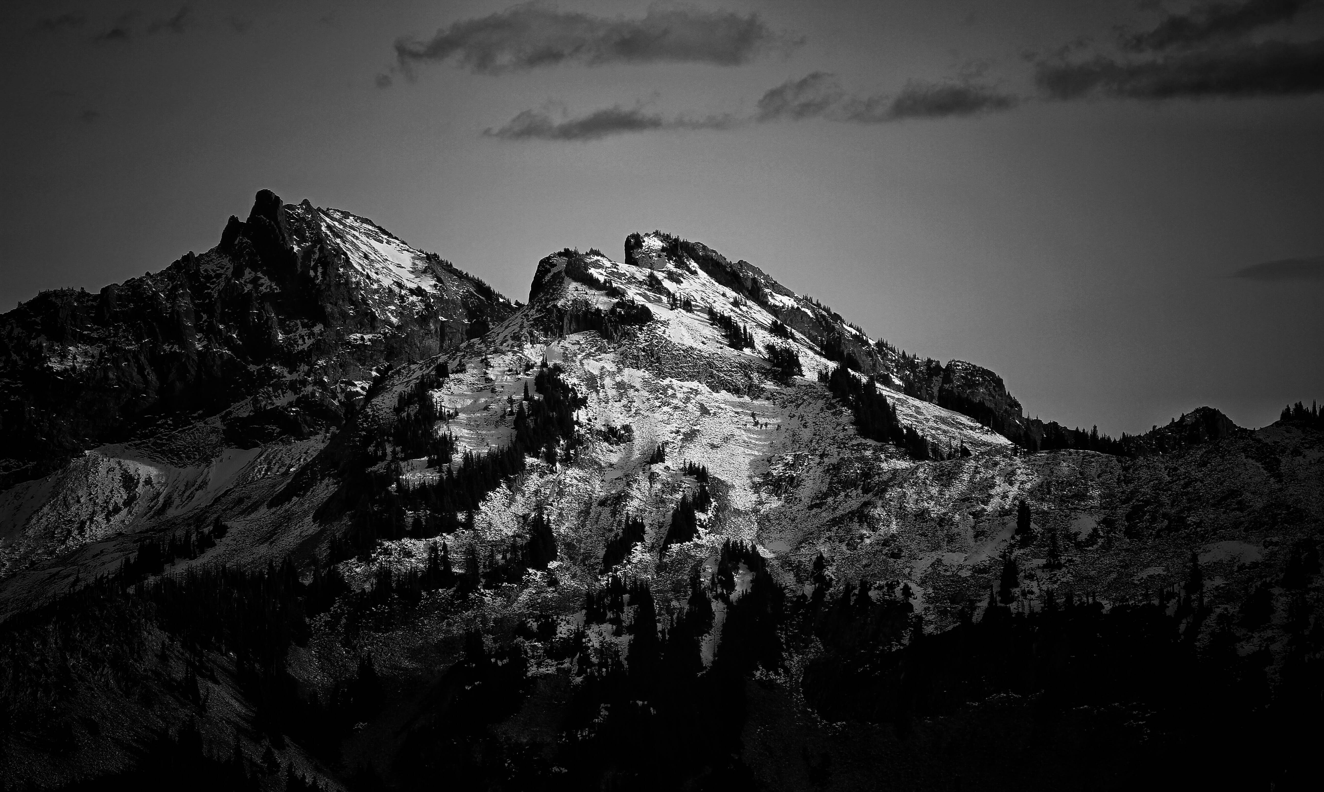 Screen 桌布 壁紙 — 單色山峰，帶有雪斑和深色常綠樹，天空多雲。