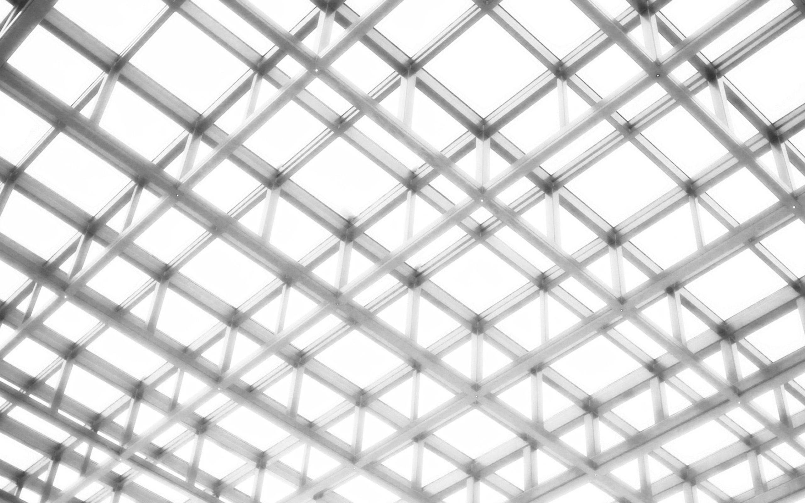 black and white aesthetic grid 桌布 壁紙 — 單色幾何圖案，由交錯的金屬樑和玻璃面板組成菱形格子天花板。