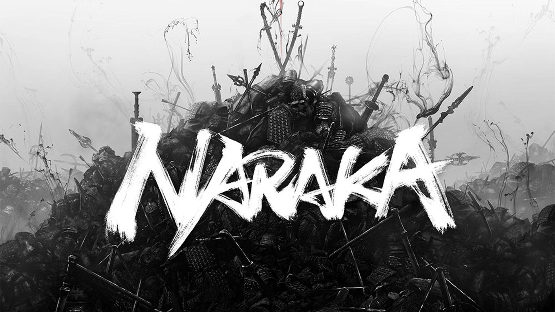 Naraka 桌布 壁紙 — 單色戰場上堆積的盔甲和武器，上面有粗體塗鴉風格的「NARAKA」字樣。