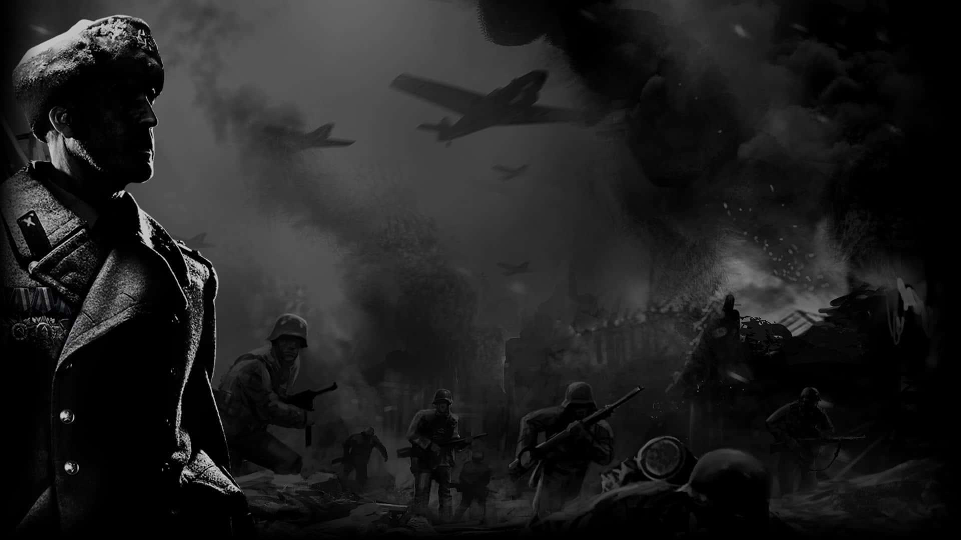 Company Of Heroes 2 桌布 壁紙 — 單色戰場場景，士兵在煙霧中前進，飛機在戰區上空飛過。