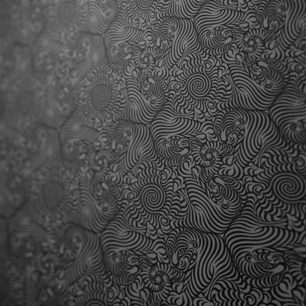 Black And White Texture 桌布 壁紙 — 單色抽象圖案，包含旋轉的老虎臉孔和螺旋，以複雜的線條藝術呈現。