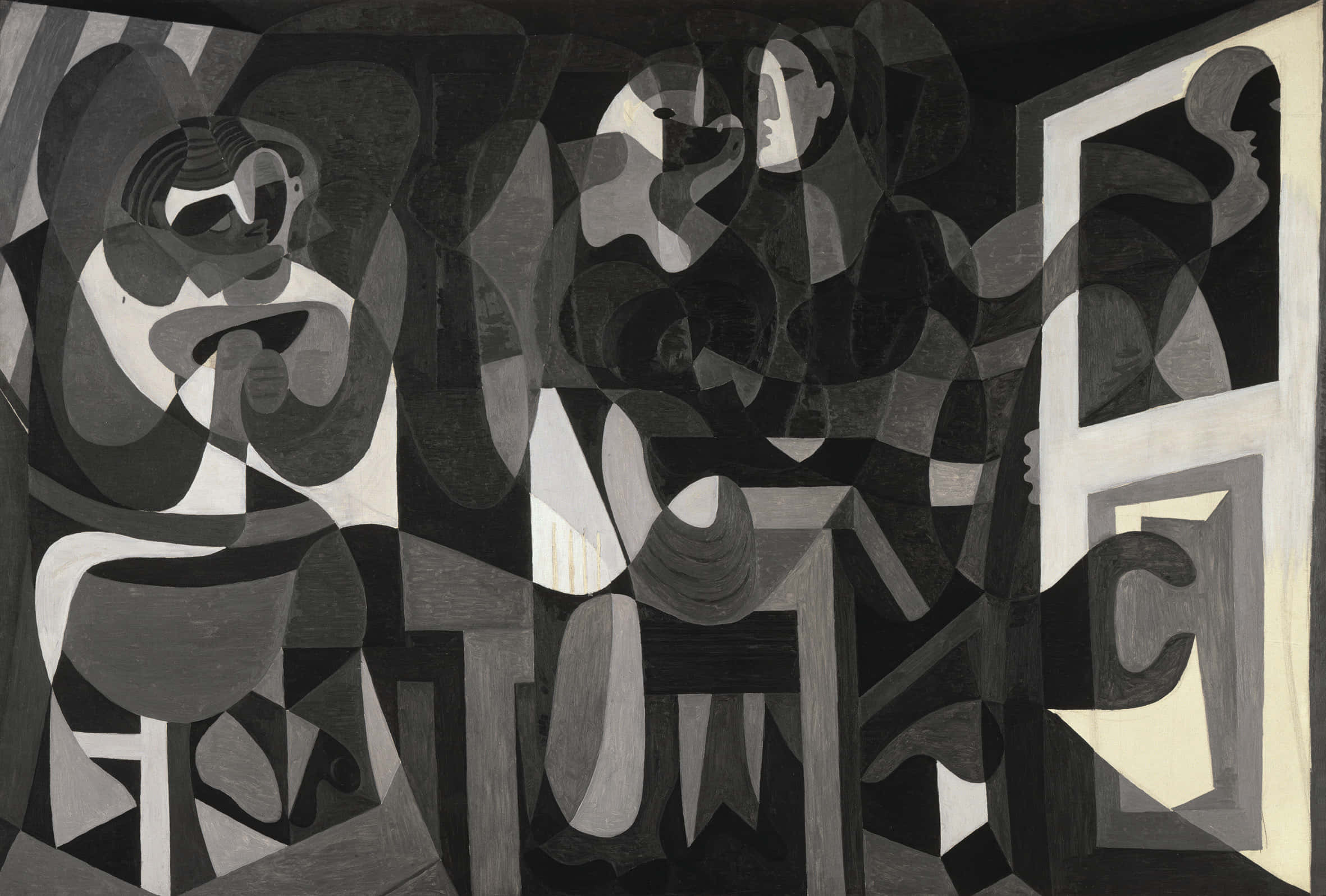 Black And White Painting 桌布 壁紙 — 單色抽象立體派繪畫描繪了房間內破碎的人形，帶有幾何形狀和鮮明的陰影。