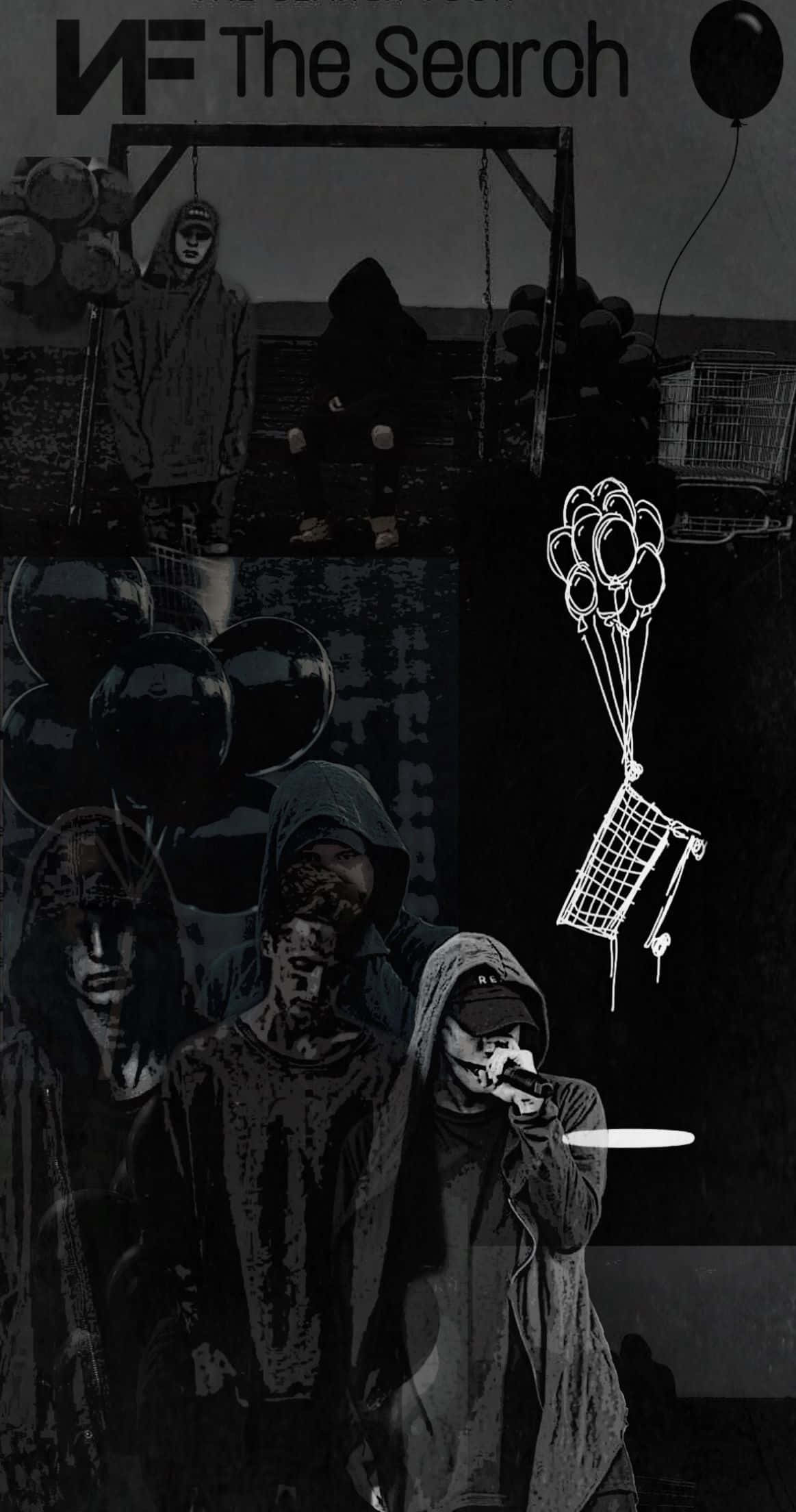 Album Cover 桌布 壁紙 — 單色拼貼畫，描繪戴連帽的人物、氣球和購物車，處於陰暗的城市環境中。