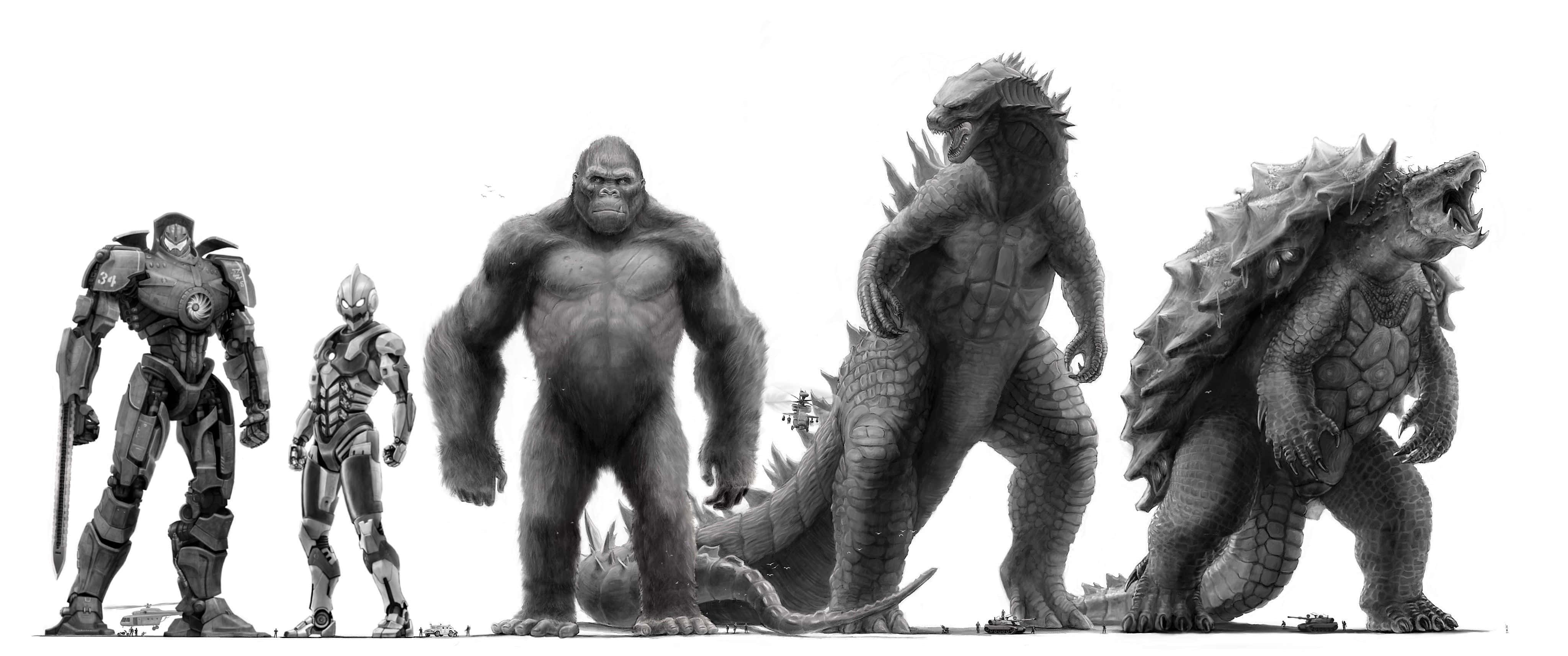 Gamera 桌布 壁紙 — 單色排列的巨型科幻和怪物角色，包括機器人和怪獸，並排站在素色背景前。