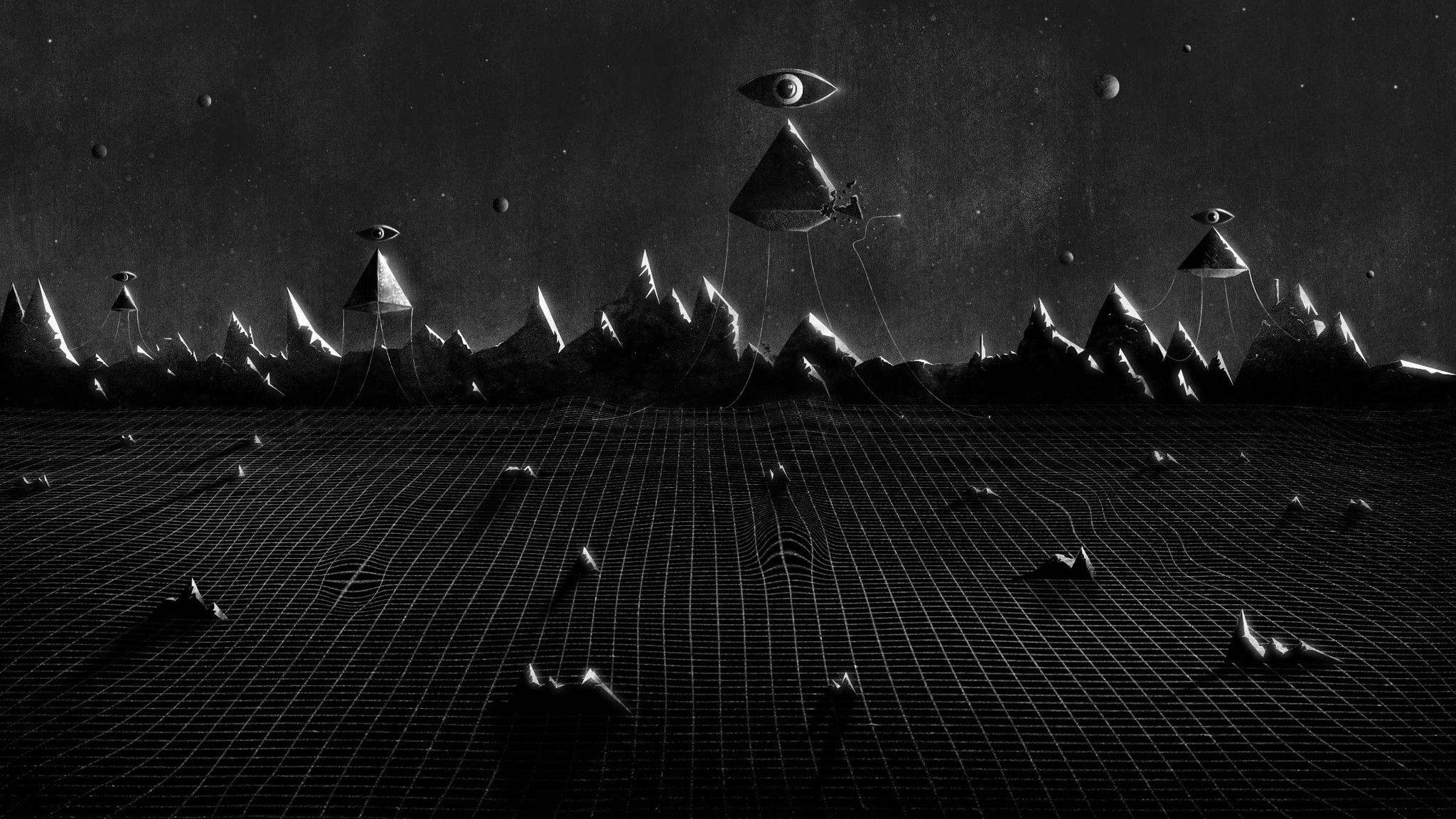 illuminati 桌布 壁紙 — 單色數位景觀，包含網格地形、鋸齒狀山峰，以及漂浮的金字塔結構，頂端有眼睛，在星空下。