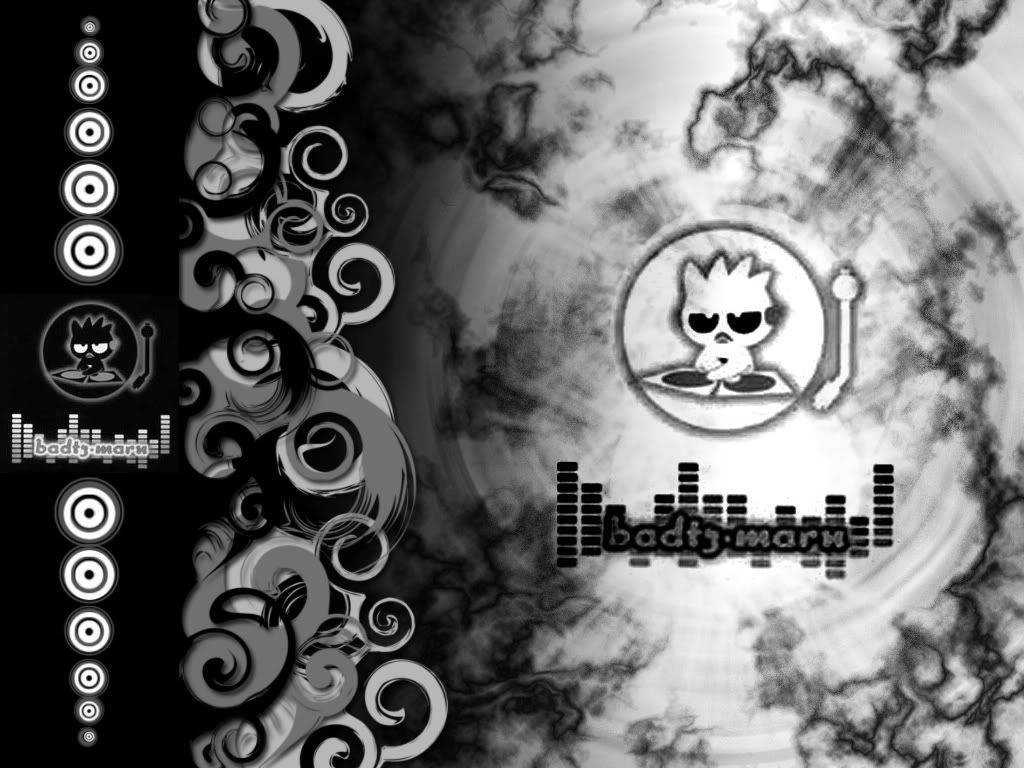 Badtz Maru 桌布 壁紙 — 單色數位桌布，具有旋轉的抽象圖案和帶有等化器條的卡通DJ標誌。