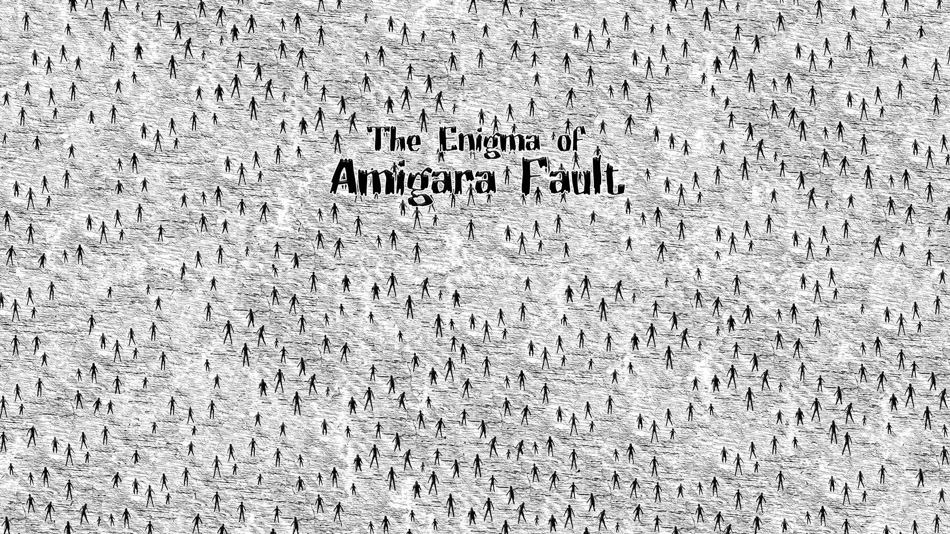 文字 The Enigma of Amigara Fault 被細小的火柴人包圍，背景為有紋理的灰色。