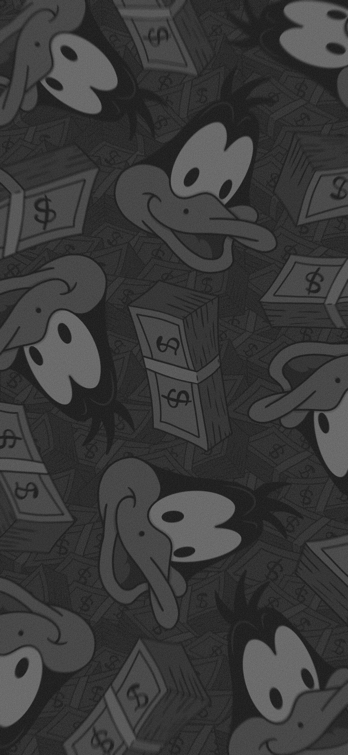 tunes 桌布 壁紙 — 單色桌布，重複的卡通鴨臉和一堆堆美元鈔票，形成密集圖案。
