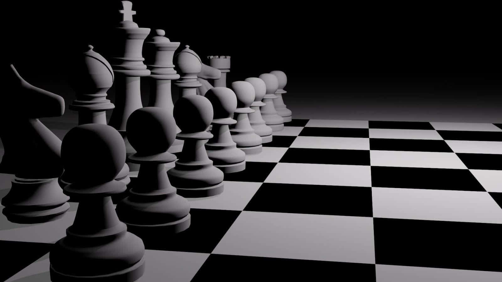 西洋棋 桌布 壁紙 — 單色棋子在 stark 棋盤上排列成陣，背景是黑暗虛空。