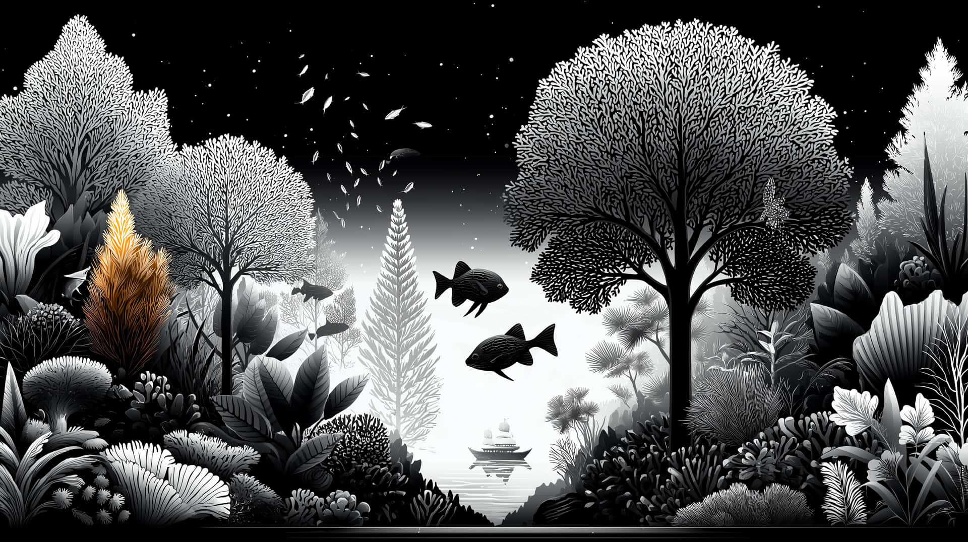 Fantasy Forest Lake Landscape with Unique Trees and Fish 壁紙 — 單色森林場景，有風格化的樹木和樹葉，在星空下，兩條魚在水面上的小船上方游動。