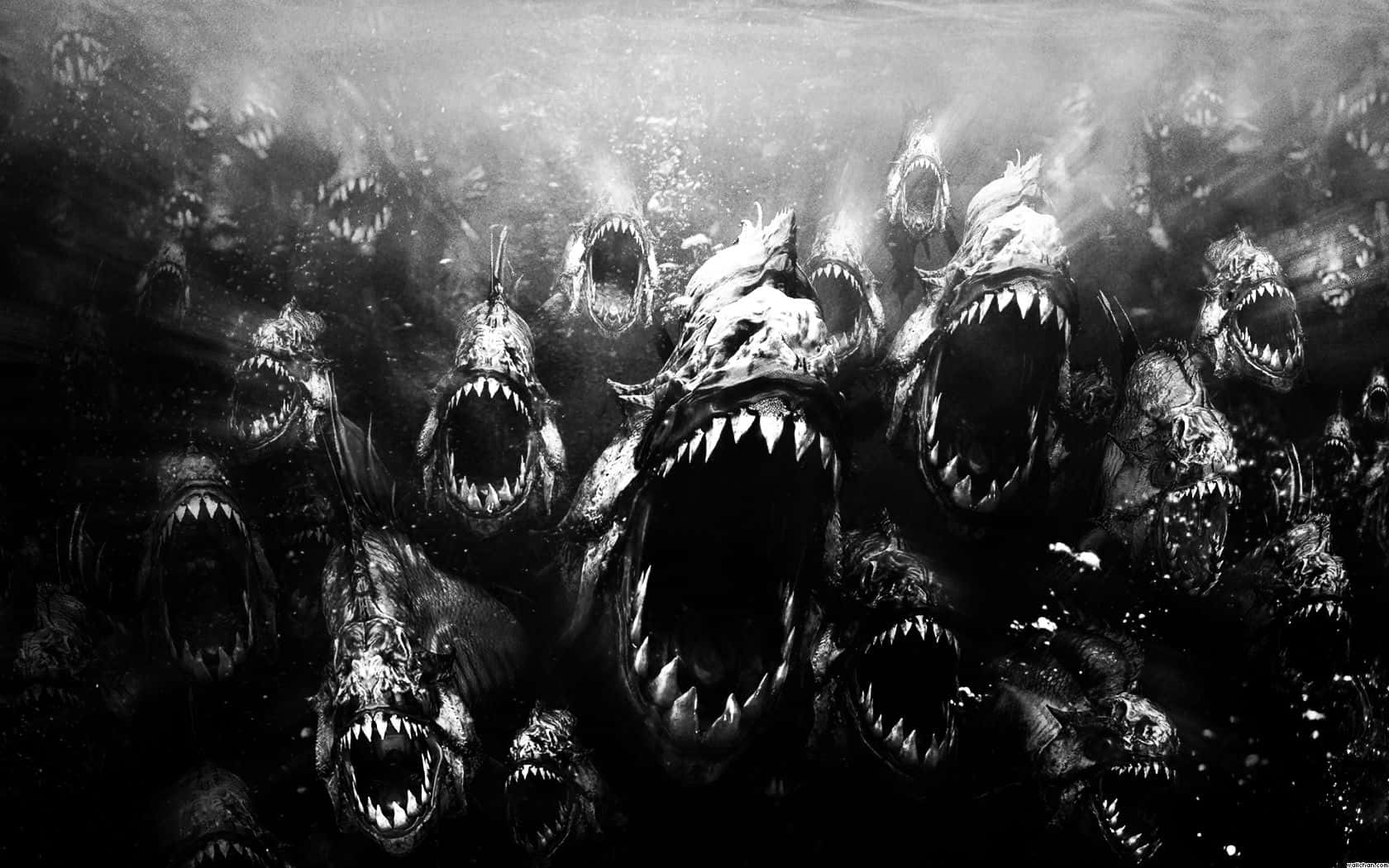 Dark Scary 桌布 壁紙 — 單色水下恐怖場景，一群怪誕的牙齒魚類生物張開大嘴向上猛衝。