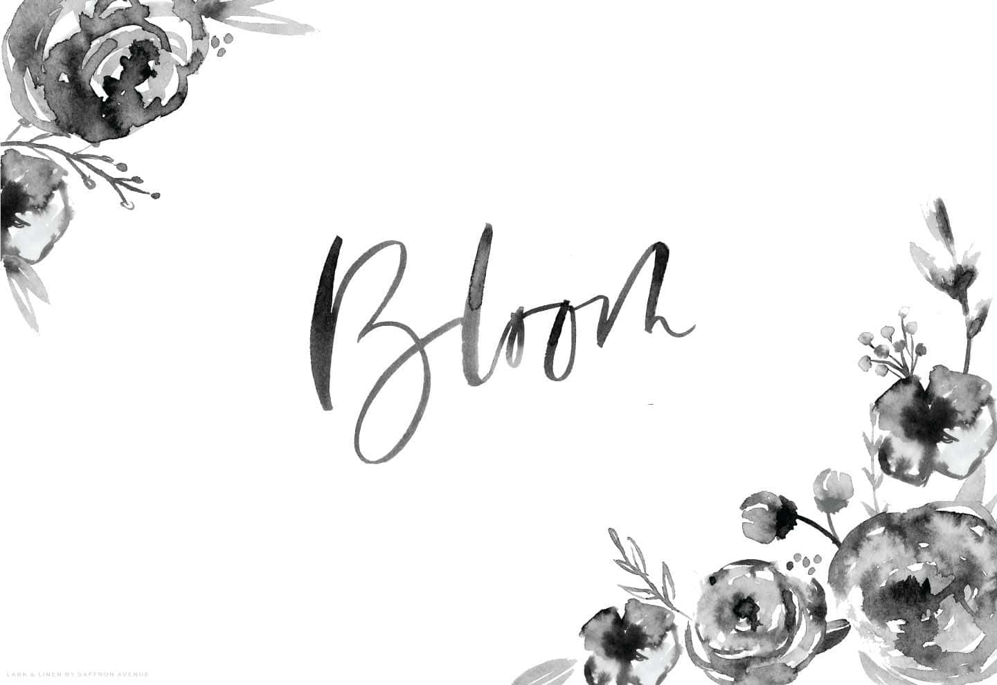 Floral Watercolor 桌布 壁紙 — 單色水彩花卉邊框在潔白背景上以優雅手寫體圍繞「Bloom」一詞。