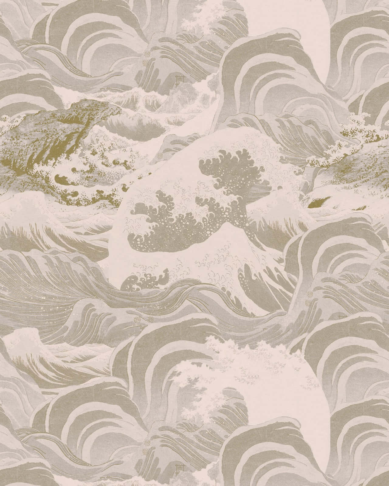 Neutral 桌布 壁紙 — 單色波浪圖案，靈感來自葛飾北齋的《神奈川沖浪裏》，以柔和米色和奶油色調呈現，並帶有精緻金色點綴。