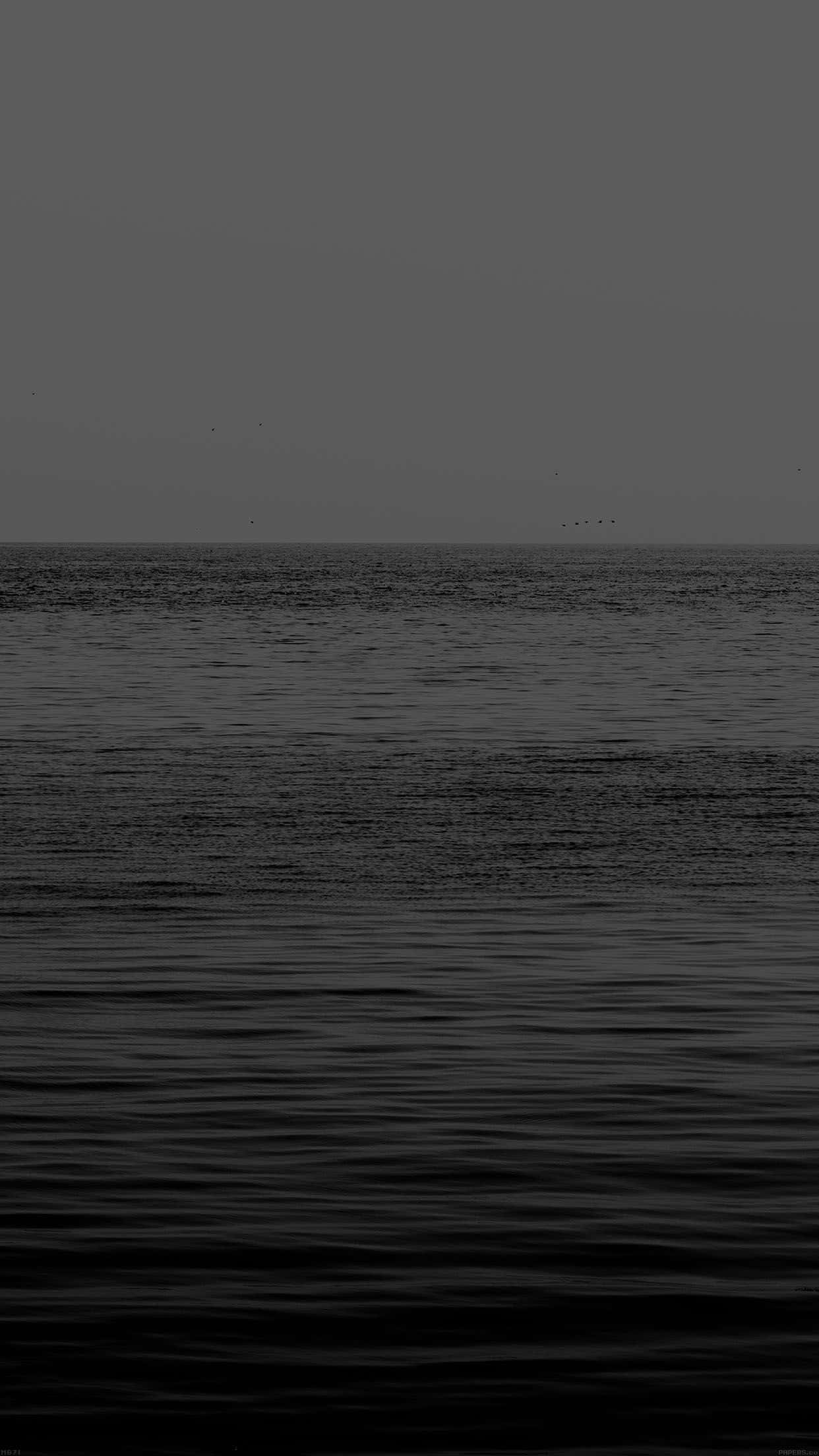 Dark Ocean 桌布 壁紙 — 單色海景，柔和的波浪在沉悶的天空下延伸至朦朧的地平線。