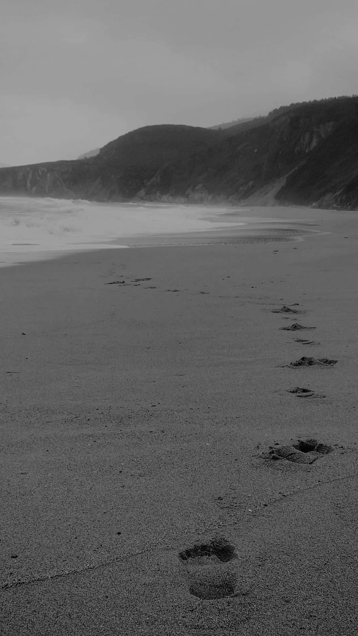 Black And White Beach 桌布 壁紙 — 單色海灘場景，腳印通向拍岸的波浪和森林覆蓋的懸崖，天空多雲。