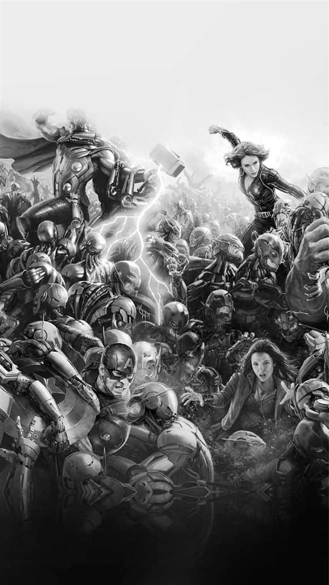 Dark Avengers 桌布 壁紙 — 單色漫畫書插圖，描繪超級英雄在混亂、高能量的戰鬥場景中與機械敵人作戰。