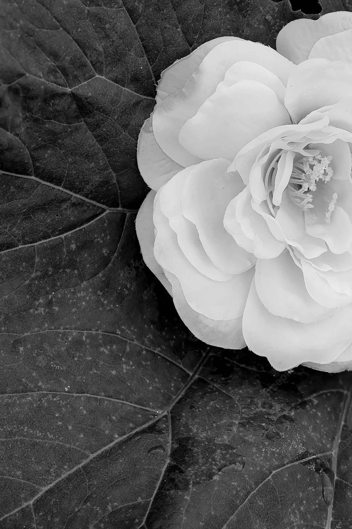 Minimalist Black And White 桌布 壁紙 — 單色特寫，一朵精緻的白花停留在有紋理的深色葉子上，葉脈清晰可見。