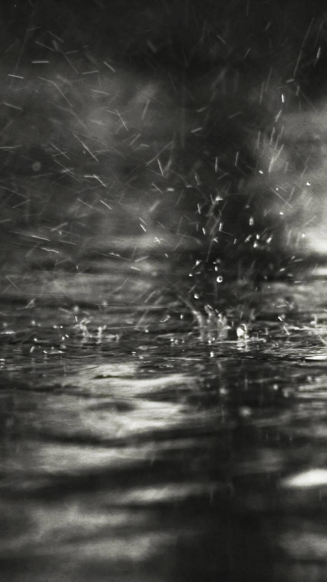 puddle 桌布 壁紙 — 單色特寫，雨滴在黑暗的水面上飛濺散開，背景模糊。