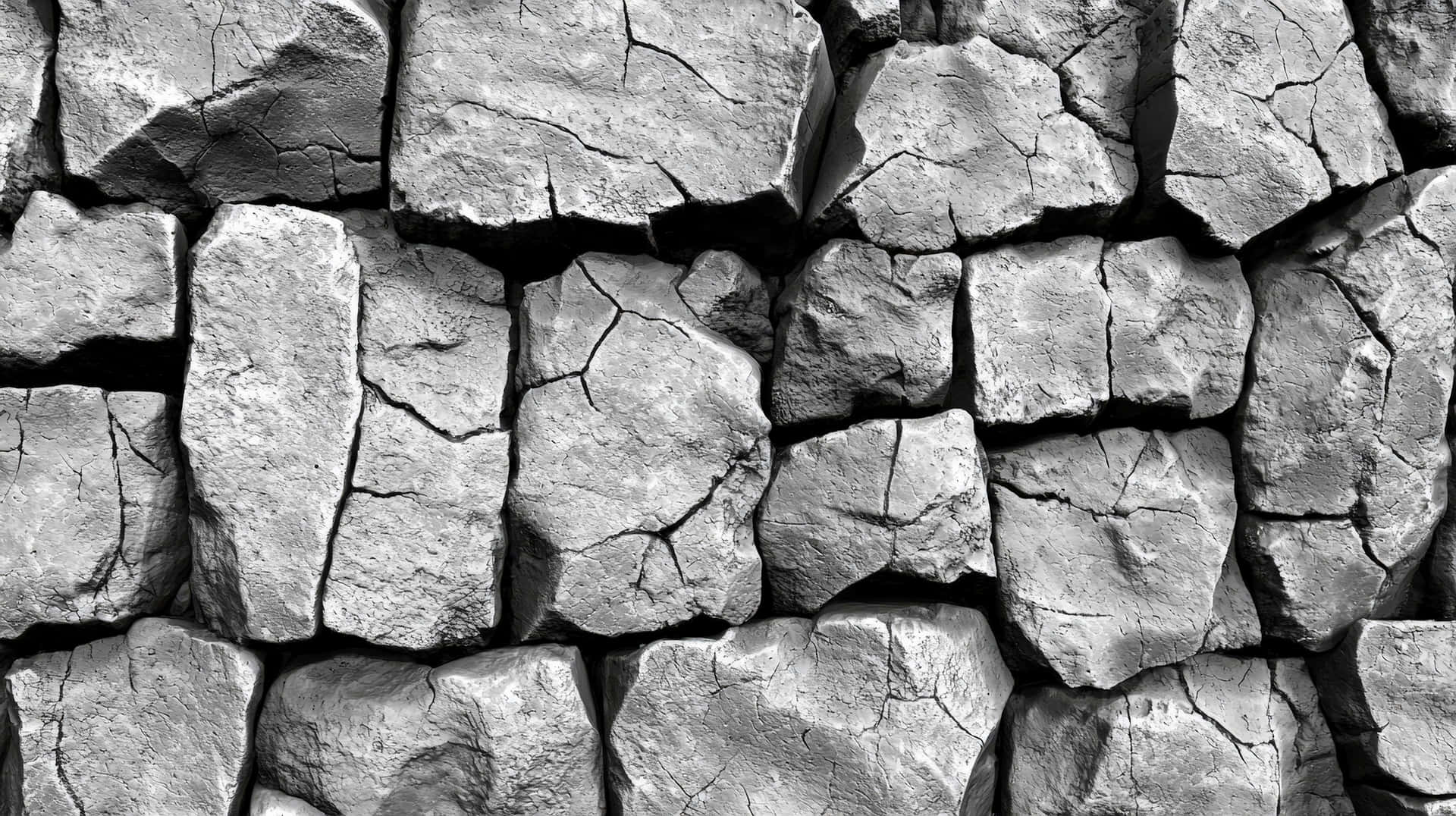 Cracked Stone Wall Texture in Monochrome 壁紙 — 單色特寫粗糙紋理的石塊堆疊在風化牆壁上，帶有深裂縫和陰影。